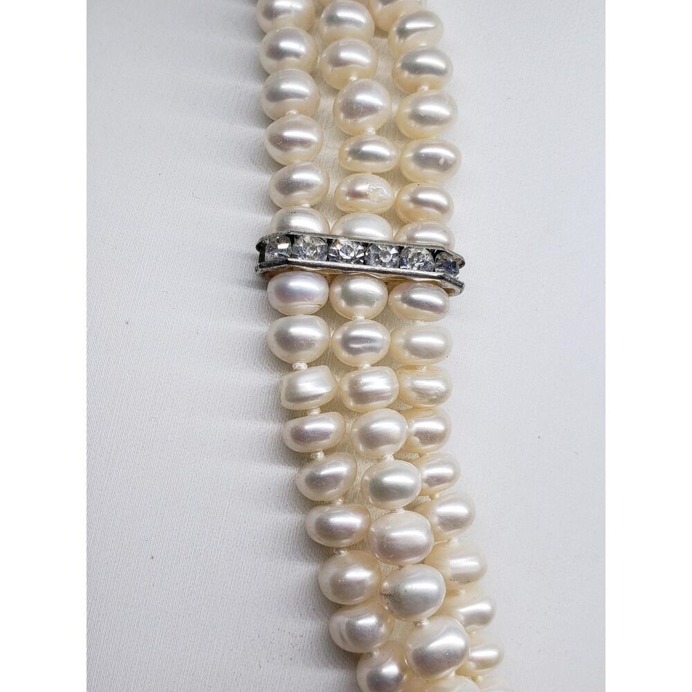 Freshwater Pearl Necklace 3 Strand White Rhinestone Spacers Silver Tone Layered - Picture 14 of 15
